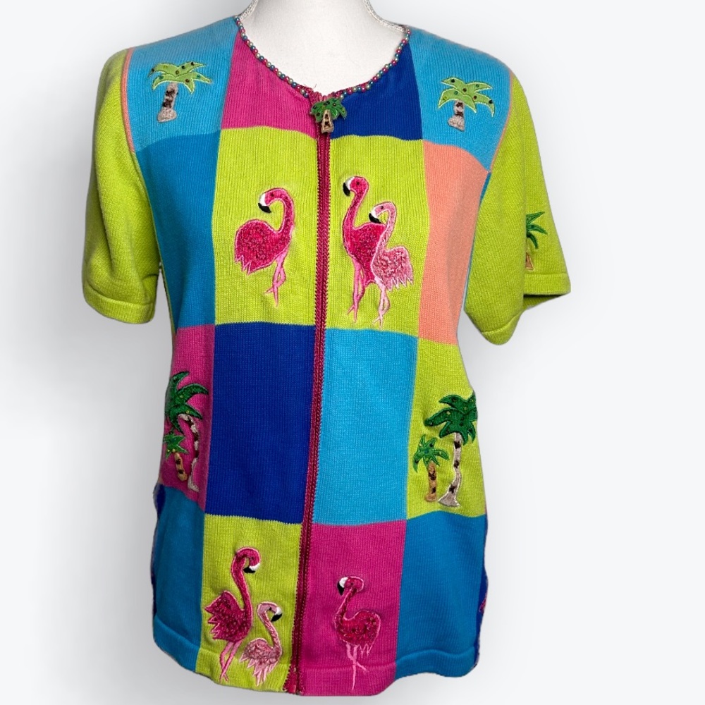 VTG Quaker Factory - Size Large - Embroidered Flamingo Grandma Knit Sweater
